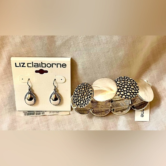 Liz Claiborne Jewelry - Liz Claiborne Silver Drop Earrings and Stretch Bracelet Bold Metal NWT Boho Chic